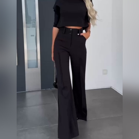 Solid Color Jacket & High Waist Straight Pants SetRound Neck Short Sleeve Top - Picture 1 of 3